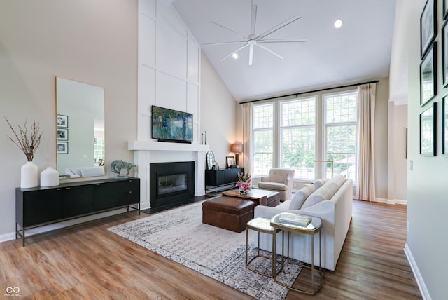9154 Sargent Manor Ct, Indianapolis, IN 46256 - living room with high vaulted ceiling, a fireplace, a ceiling fan, wood finished floors, and baseboards