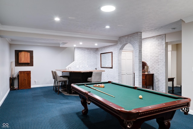 9154 Sargent Manor Ct, Indianapolis, IN 46256 - game room featuring carpet, baseboards, billiards, ornamental molding, and recessed lighting