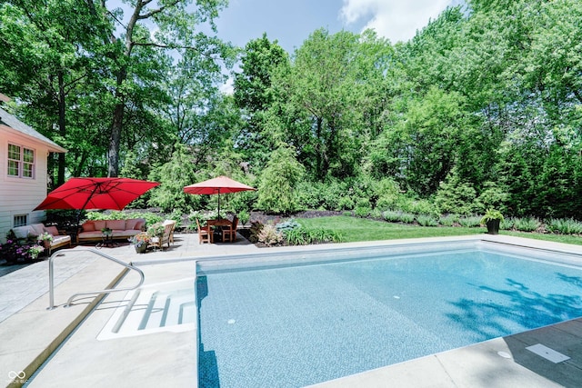 9154 Sargent Manor Ct, Indianapolis, IN 46256 - outdoor pool featuring a patio area and an outdoor living space