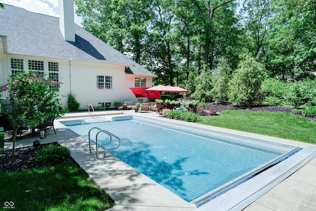 9154 Sargent Manor Ct, Indianapolis, IN 46256 - outdoor pool featuring a patio, a lawn, and an outdoor living space