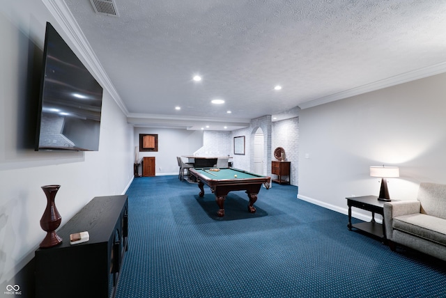 9154 Sargent Manor Ct, Indianapolis, IN 46256 - playroom with billiards, carpet floors, crown molding, baseboards, and recessed lighting