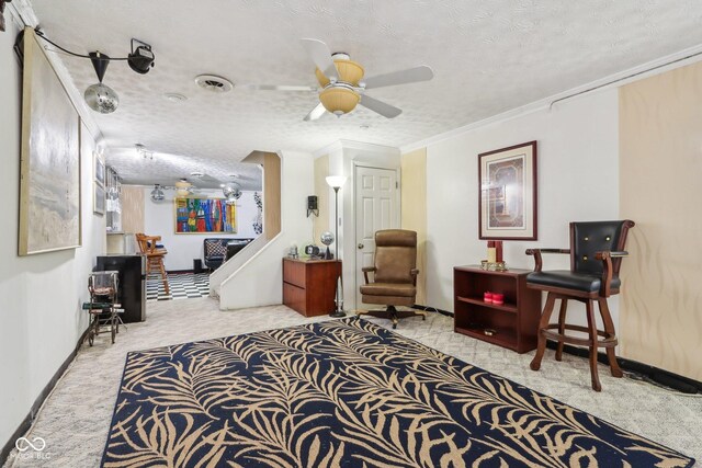6210 Mckinley Ct, Indianapolis, IN 46220 - living area featuring carpet floors, a textured ceiling, crown molding, ceiling fan, and baseboards