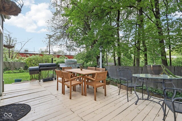 6210 Mckinley Ct, Indianapolis, IN 46220 - deck featuring outdoor dining space, a fenced backyard, and grilling area