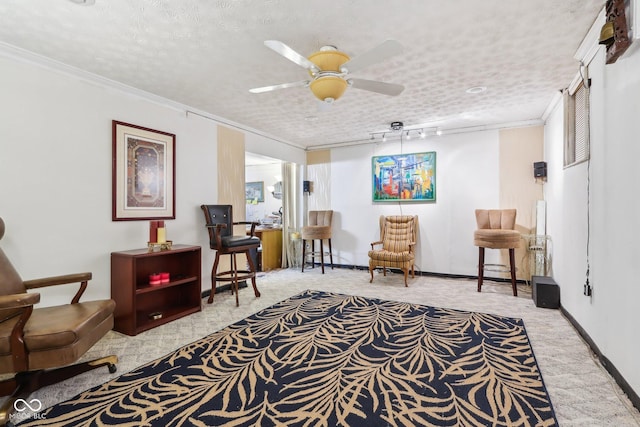 6210 Mckinley Ct, Indianapolis, IN 46220 - living area with carpet, crown molding, a ceiling fan, and baseboards