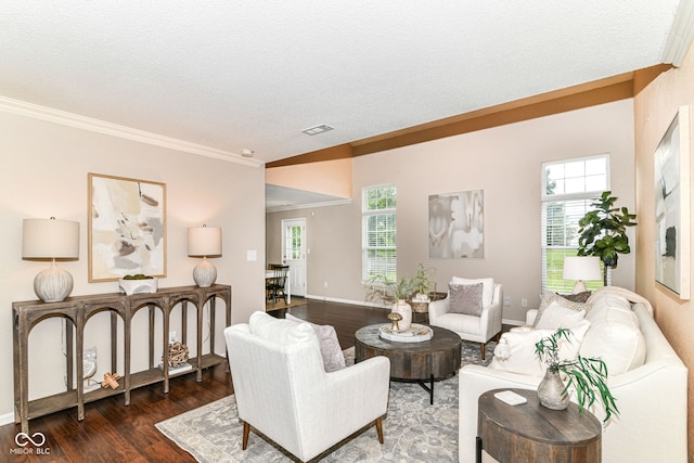 15411 Wandering Way, Noblesville, IN 46060 - living area featuring wood finished floors, ornamental molding, a textured ceiling, and baseboards
