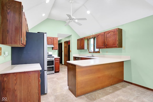 50 Charing Cross Rd, Indianapolis, IN 46217 - kitchen with appliances with stainless steel finishes, a peninsula, ceiling fan, under cabinet range hood, and a sink