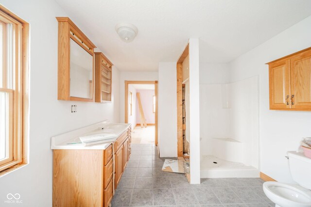 313 S Walnut St, New Castle, IN 47362 - bathroom with a walk in shower, toilet, vanity, and tile patterned floors