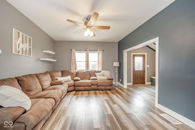 313 S Walnut St, New Castle, IN 47362 - living area featuring ceiling fan, light wood-style flooring, and baseboards
