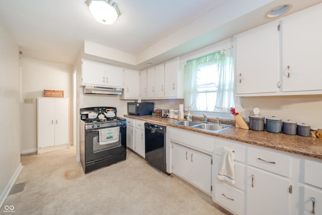 2900 Helms Rd, Anderson, IN 46016 - kitchen with black appliances, a sink, under cabinet range hood, white cabinets, and light colored carpet