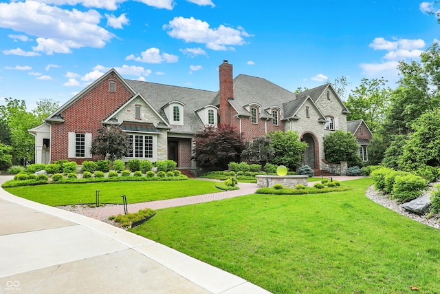 20170 Starlight Ct, Noblesville, IN 46062 - french country style house featuring stone siding, a chimney, a front yard, and brick siding