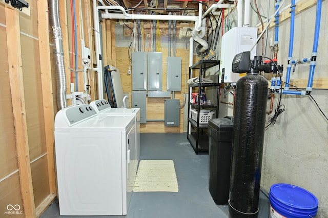 7070 Dean Rd, Indianapolis, IN 46220 - unfinished below grade area with washing machine and dryer, electric panel, and a water softener