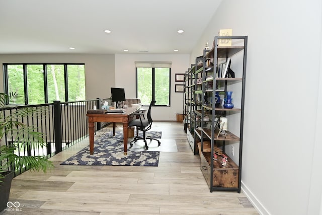 7070 Dean Rd, Indianapolis, IN 46220 - home office with light wood-type flooring, recessed lighting, and baseboards