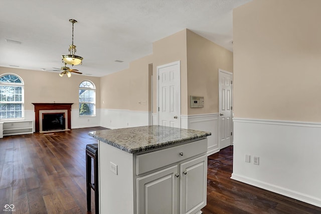 7637 Sand Run Ct, Indianapolis, IN 46259 - kitchen featuring a ceiling fan, dark wood-type flooring, a center island, pendant lighting, and a fireplace