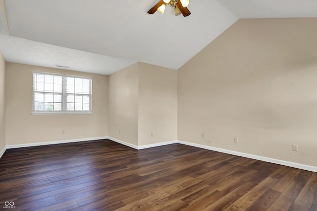 7637 Sand Run Ct, Indianapolis, IN 46259 - unfurnished room featuring a ceiling fan, lofted ceiling, dark wood-style flooring, and baseboards