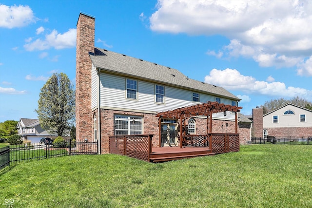 7637 Sand Run Ct, Indianapolis, IN 46259 - rear view of property featuring a pergola, a wooden deck, a chimney, and brick siding