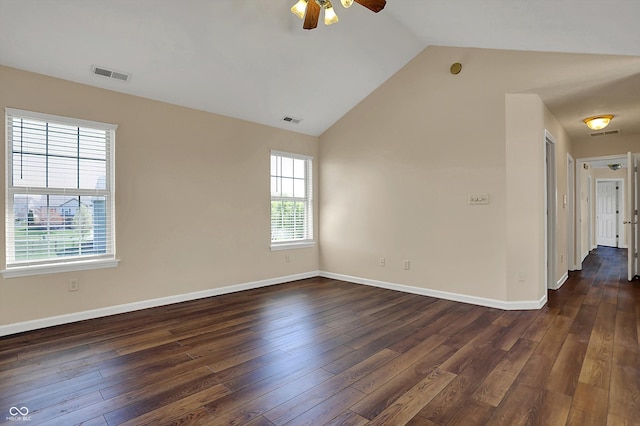 7637 Sand Run Ct, Indianapolis, IN 46259 - empty room featuring lofted ceiling, a ceiling fan, dark wood-style floors, and baseboards