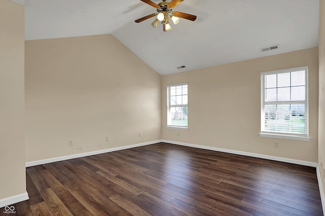 7637 Sand Run Ct, Indianapolis, IN 46259 - empty room featuring ceiling fan, vaulted ceiling, dark wood-style flooring, and baseboards