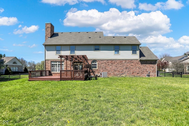 7637 Sand Run Ct, Indianapolis, IN 46259 - back of house with a pergola, brick siding, a deck, a chimney, and central air condition unit