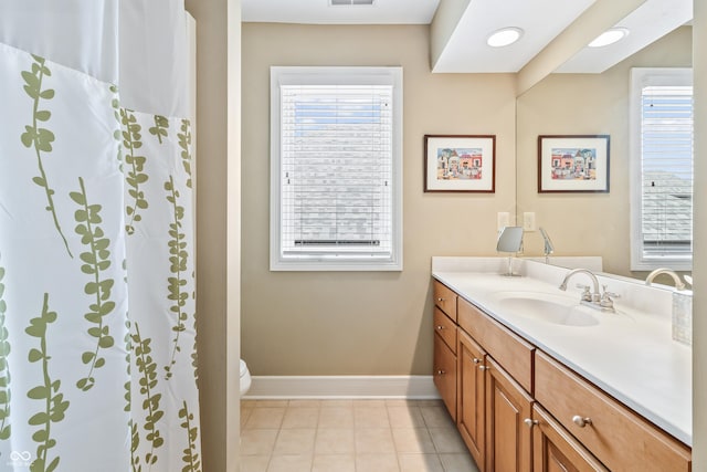 16502 Grand Cypress Dr, Noblesville, IN 46060 - bathroom with baseboards, vanity, toilet, tile patterned floors, and a shower with curtain
