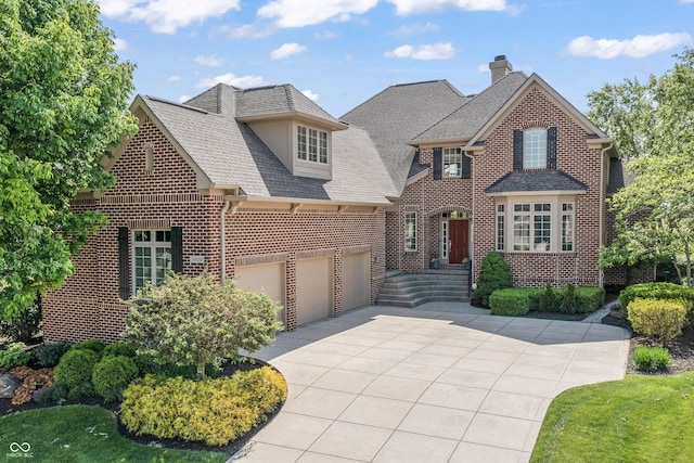 16502 Grand Cypress Dr, Noblesville, IN 46060 - view of front of property with brick siding, concrete driveway, a chimney, roof with shingles, and an attached garage