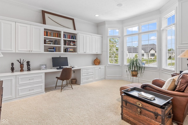 16502 Grand Cypress Dr, Noblesville, IN 46060 - home office with built in desk, light colored carpet, ornamental molding, and recessed lighting