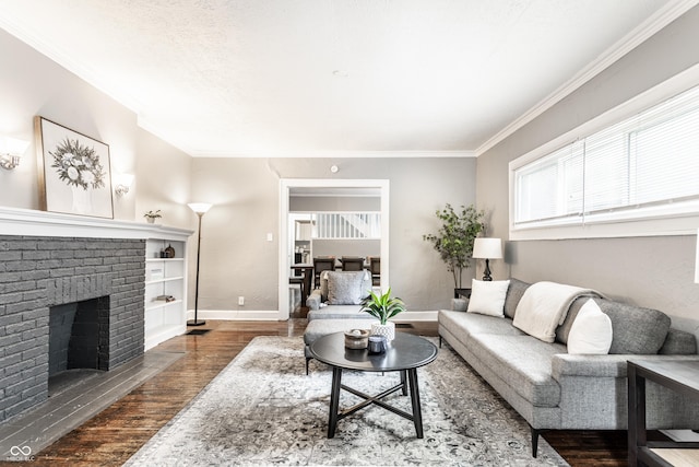 4409 N College Ave, Indianapolis, IN 46205 - living room featuring ornamental molding, wood finished floors, a fireplace, and baseboards
