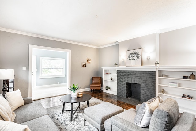 4409 N College Ave, Indianapolis, IN 46205 - living area featuring ornamental molding, dark wood-style floors, a fireplace, and baseboards