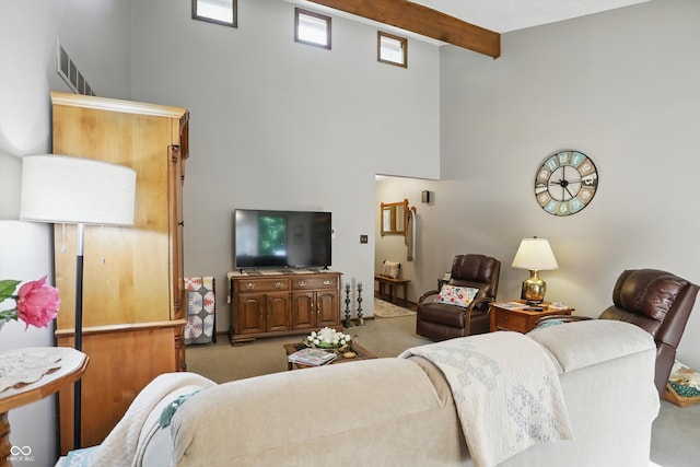 1712 S Flatrock River Rd, Rushville, IN 46173 - living area with a towering ceiling, carpet flooring, and beam ceiling