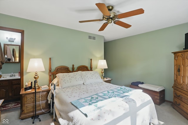 1712 S Flatrock River Rd, Rushville, IN 46173 - bedroom featuring light carpet, a sink, and ceiling fan
