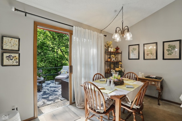 1712 S Flatrock River Rd, Rushville, IN 46173 - dining space with lofted ceiling, a chandelier, baseboards, a textured ceiling, and light colored carpet