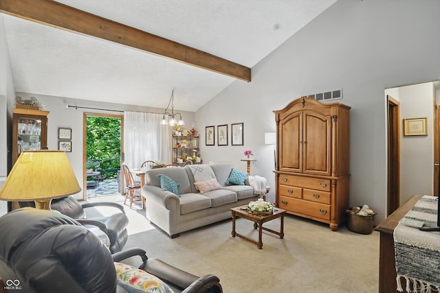 1712 S Flatrock River Rd, Rushville, IN 46173 - living room featuring light colored carpet, a chandelier, and a textured ceiling