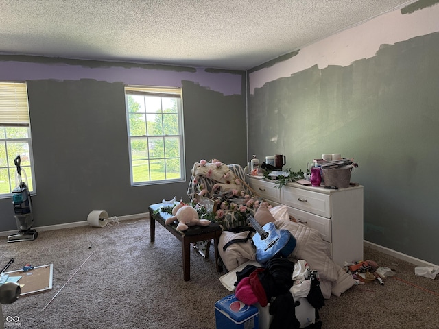 bedroom with a textured ceiling and carpet