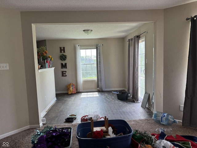 dining area featuring wood finished floors, baseboards, and a textured ceiling