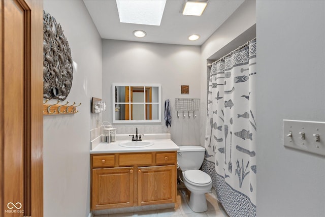3479 Sugar Loaf Ct, Carmel, IN 46033 - bathroom with vanity, tile patterned floors, a skylight, curtained shower, and recessed lighting