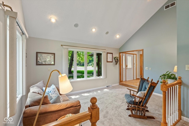 3479 Sugar Loaf Ct, Carmel, IN 46033 - carpeted living area with high vaulted ceiling and recessed lighting