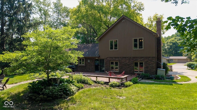 3479 Sugar Loaf Ct, Carmel, IN 46033 - back of property featuring a chimney, a deck, brick siding, a lawn, and french doors