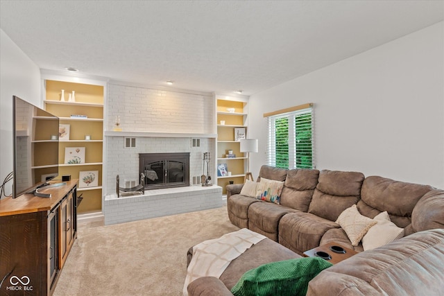 3479 Sugar Loaf Ct, Carmel, IN 46033 - living room featuring light colored carpet, built in features, a fireplace, and a textured ceiling