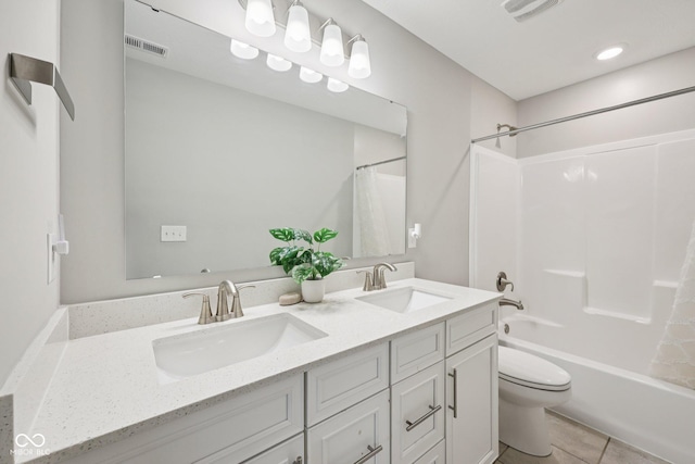 15418 Tattersalls Ln, Fishers, IN 46040 - bathroom with double vanity, shower / tub combo, and tile patterned floors