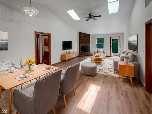 4825 May Ridge Ln, Indianapolis, IN 46254 - living room with a skylight, high vaulted ceiling, light wood-type flooring, a fireplace, and a ceiling fan