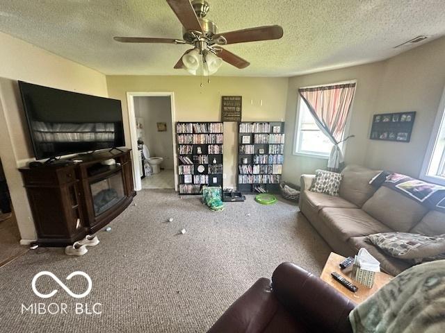 162 N Gladstone Ave, Columbus, IN 47201 - carpeted living room with plenty of natural light, a textured ceiling, and ceiling fan
