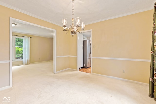8934 Pinyon Ct, Indianapolis, IN 46260 - empty room featuring light colored carpet, crown molding, a chandelier, and baseboards