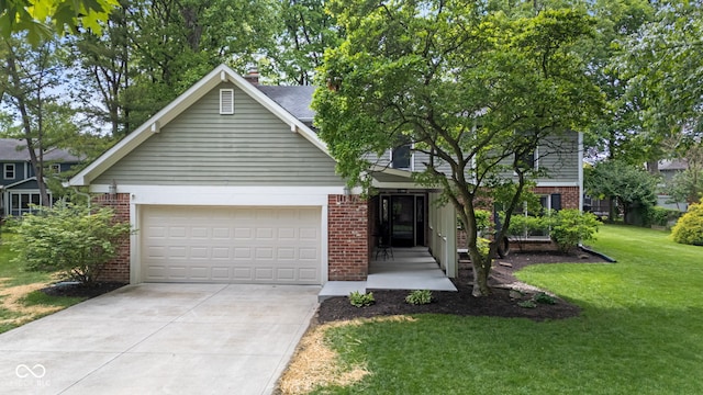 8934 Pinyon Ct, Indianapolis, IN 46260 - view of front of house featuring brick siding, concrete driveway, a garage, a front lawn, and a chimney