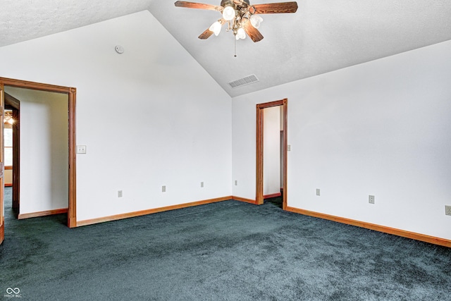 7333 State Road 42, Martinsville, IN 46151 - unfurnished room featuring dark carpet, lofted ceiling, ceiling fan, baseboards, and a textured ceiling