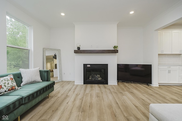 1510 Stonehaven Dr, Westfield, IN 46074 - living room featuring crown molding, light wood-type flooring, recessed lighting, a glass covered fireplace, and baseboards