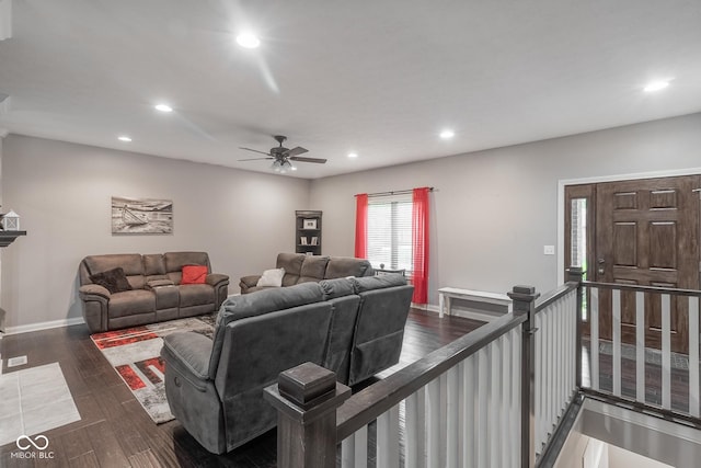 121 George Ct, Danville, IN 46122 - living room with recessed lighting, a ceiling fan, dark wood-style floors, and baseboards