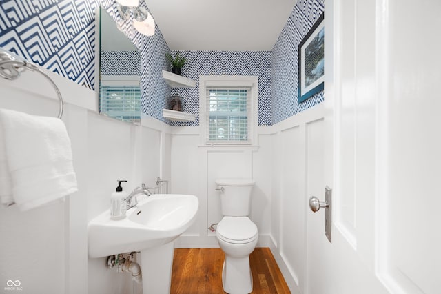 6020 Gladden Dr, Indianapolis, IN 46220 - half bathroom featuring a decorative wall, a wainscoted wall, wood finished floors, toilet, and wallpapered walls