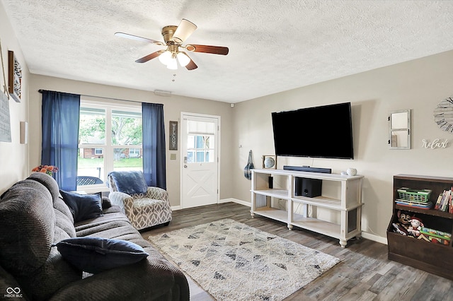200 Forum Dr, Whiteland, IN 46184 - living room with ceiling fan, a textured ceiling, wood finished floors, and baseboards