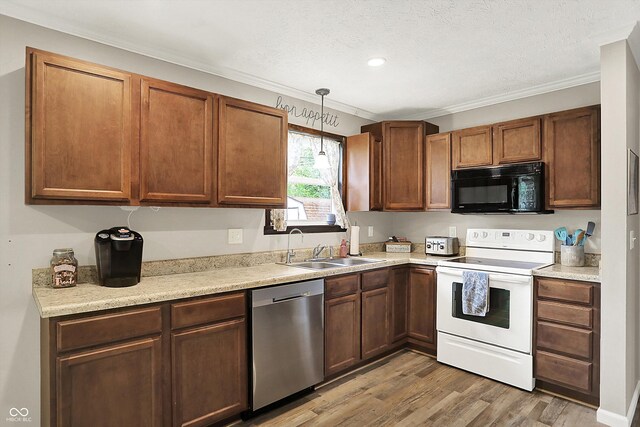 200 Forum Dr, Whiteland, IN 46184 - kitchen with black microwave, white electric range oven, dishwasher, a sink, and crown molding