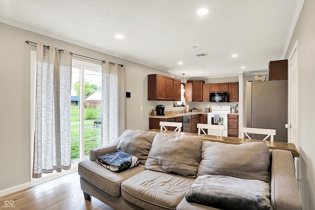 200 Forum Dr, Whiteland, IN 46184 - living room with recessed lighting, ornamental molding, light wood-style flooring, and baseboards