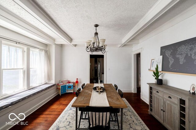 3934 N Kenwood Ave, Indianapolis, IN 46208 - dining room featuring a chandelier, dark wood-style flooring, crown molding, beam ceiling, and a textured ceiling